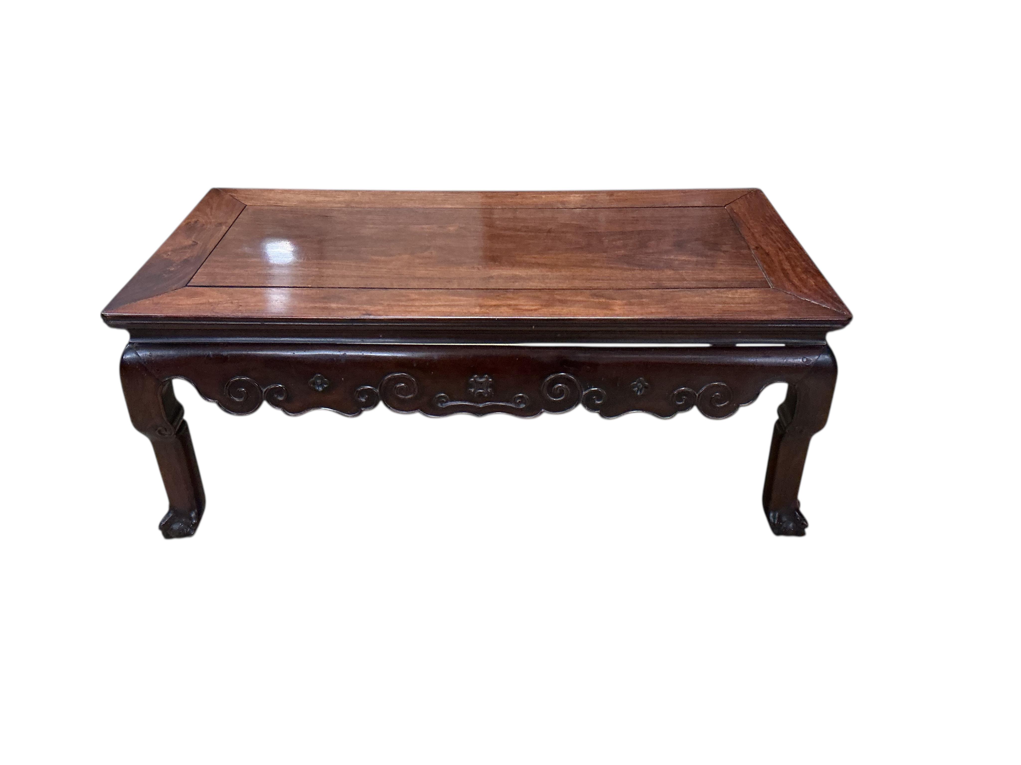 A late 19th century Chinese rectangular hongmu low table, width 96cm, depth 48cm, height 39cm